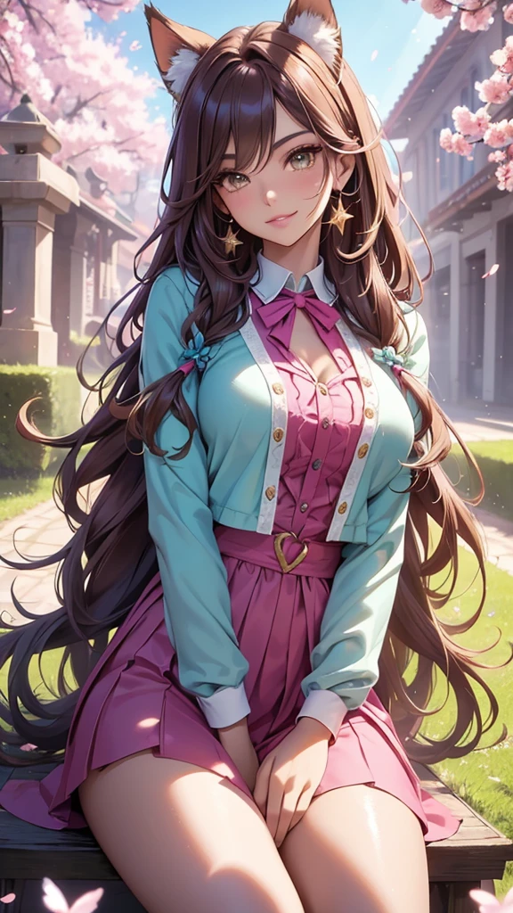 (best quality,4k,8k,highres,masterpiece:1.2),ultra-detailed,(realistic,photorealistic,photo-realistic:1.37),acrylic painting,beautiful Brazilian model in a uniform outfit with downy hair,beautiful Brazilian model with extremely colorful brown hair and detailed facial features,beautiful Brazilian model standing in a beautiful garden surrounded by a starry sky,brown hair,beautiful Brazilian model wearing a vibrant pink and teal uniform outfit,beautiful Brazilian model with intricate accessories,cat ears, ,beautiful Brazilian model with long flowing twintails,beautiful Brazilian model with bright brown eyes and rosy lips,beautiful Brazilian model with a joyful expression,beautiful Brazilian model in a dynamic pose with cherry blossoms falling around her,beautiful Brazilian model surrounded by colorful flowers and butterflies,beautiful Brazilian model's school uniform outfit adorned with cute bows and lace details,beautiful Brazilian model with an enchanting smile,beautiful Brazilian model with soft, pastel-colored shading,beautiful Brazilian model with a magical glow illuminating her,beautiful Brazilian model in a picturesque setting with a winding path leading to a magnificent castle,beautiful Brazilian model with a fairytale-like background,beautiful Brazilian model with a soft, dreamy atmosphere,beautiful Brazilian model with a subtle bokeh effect,beautiful Brazilian model standing under a sunny sky,beautiful Brazilian model with a warm, golden sunset in the background,beautiful Brazilian model surrounded by twinkling stars and colorful nebulae,creating an ethereal and captivating artistic masterpiece, sitting down, facing camera. 