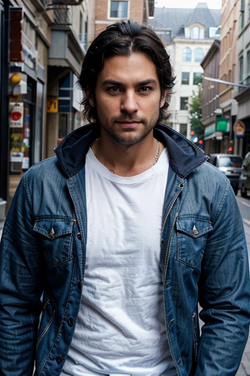 38 year-old Male, white male, tanned skin, handsome, black hair, and stubble beard, deep blue eyes, muscular body and thin, wearing a jacket and t-shirt and jeans, straight nose, oval face, canadian, his hair is below his ears, tousled messy hair badass