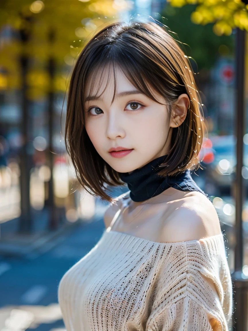 (huge tit、Turtleneck Knitwear、Shoulder bag)、(highest quality,masterpiece:1.3,超A high resolution,),(super detailed,caustics),(Photoreal:1.4,RAW shooting,)ultra-realistic capture,very detailed,High definition 16K for human skin、 Natural skin texture、、Skin looks even-toned and healthy、 Use natural light and color,one woman,25 years old Japanese,,cute,black haired,middle hair,(Depth of the bounds written、chromatic aberration、、wide range of lighting、natural shading、)、(hair swaying in the wind:1.2)、Tokyo cityscape
