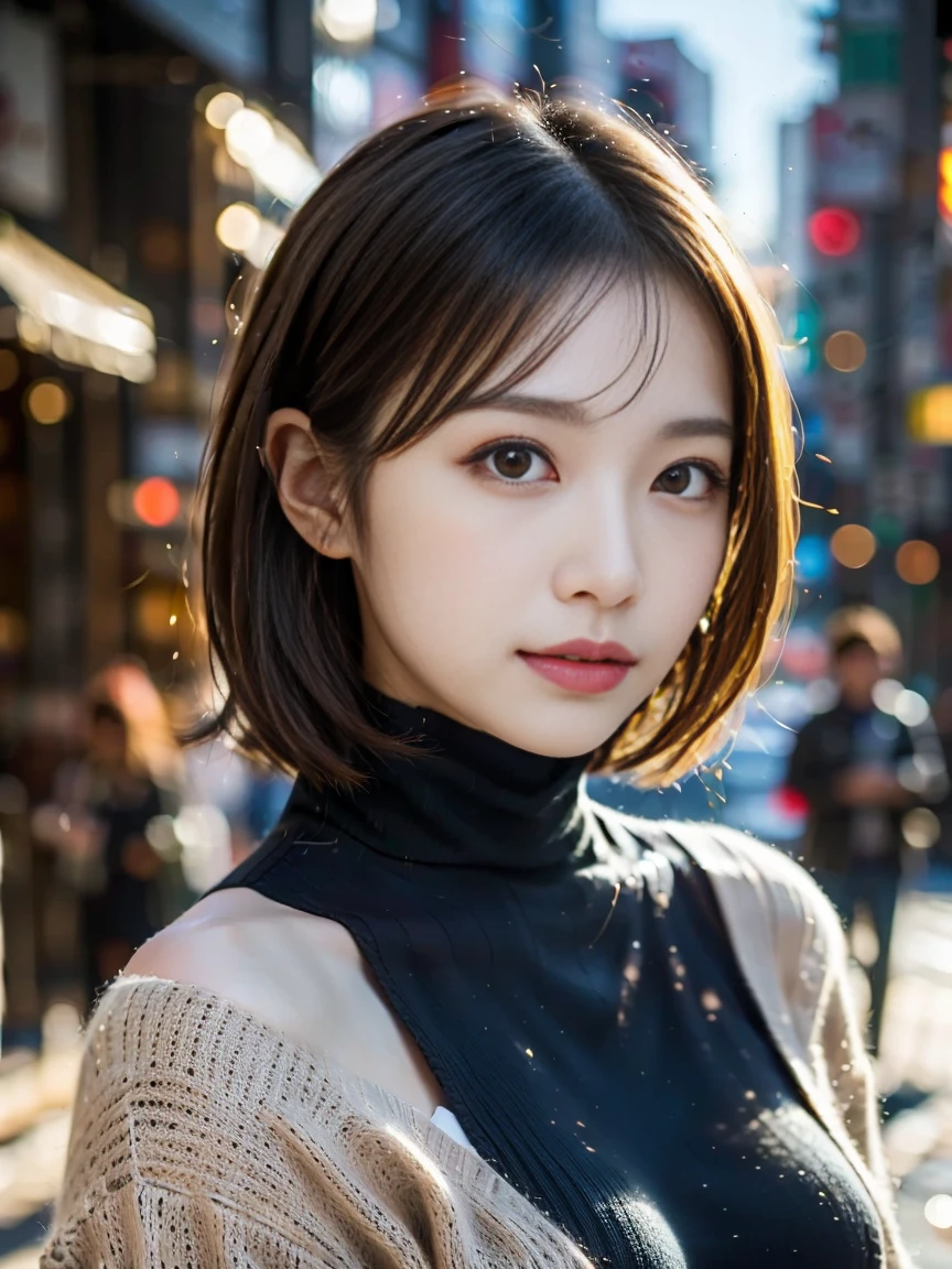 (huge tit、Turtleneck Knitwear、Shoulder bag)、(highest quality,masterpiece:1.3,超A high resolution,),(super detailed,caustics),(Photoreal:1.4,RAW shooting,)ultra-realistic capture,very detailed,High definition 16K for human skin、 Natural skin texture、、Skin looks even-toned and healthy、 Use natural light and color,one woman,25 years old Japanese,,cute,black haired,middle hair,(Depth of the bounds written、chromatic aberration、、wide range of lighting、natural shading、)、(hair swaying in the wind:1.2)、Tokyo cityscape