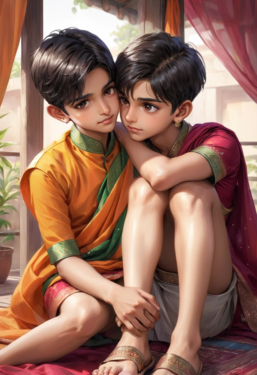 A teenage Indian boy wearing sari uniform, shy expression, short hair, sitting on another boy's lap, bare feet, high definition, intricate details, groped, touched, smooth skin, femboy,