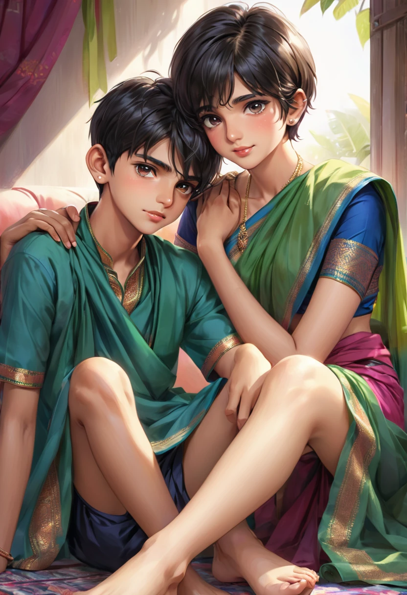 A age Indian boy wearing sari uniform, shy expression, short hair, sitting on another boy's lap, bare feet, high definition, intricate details, groped, touched, smooth skin, femboy,