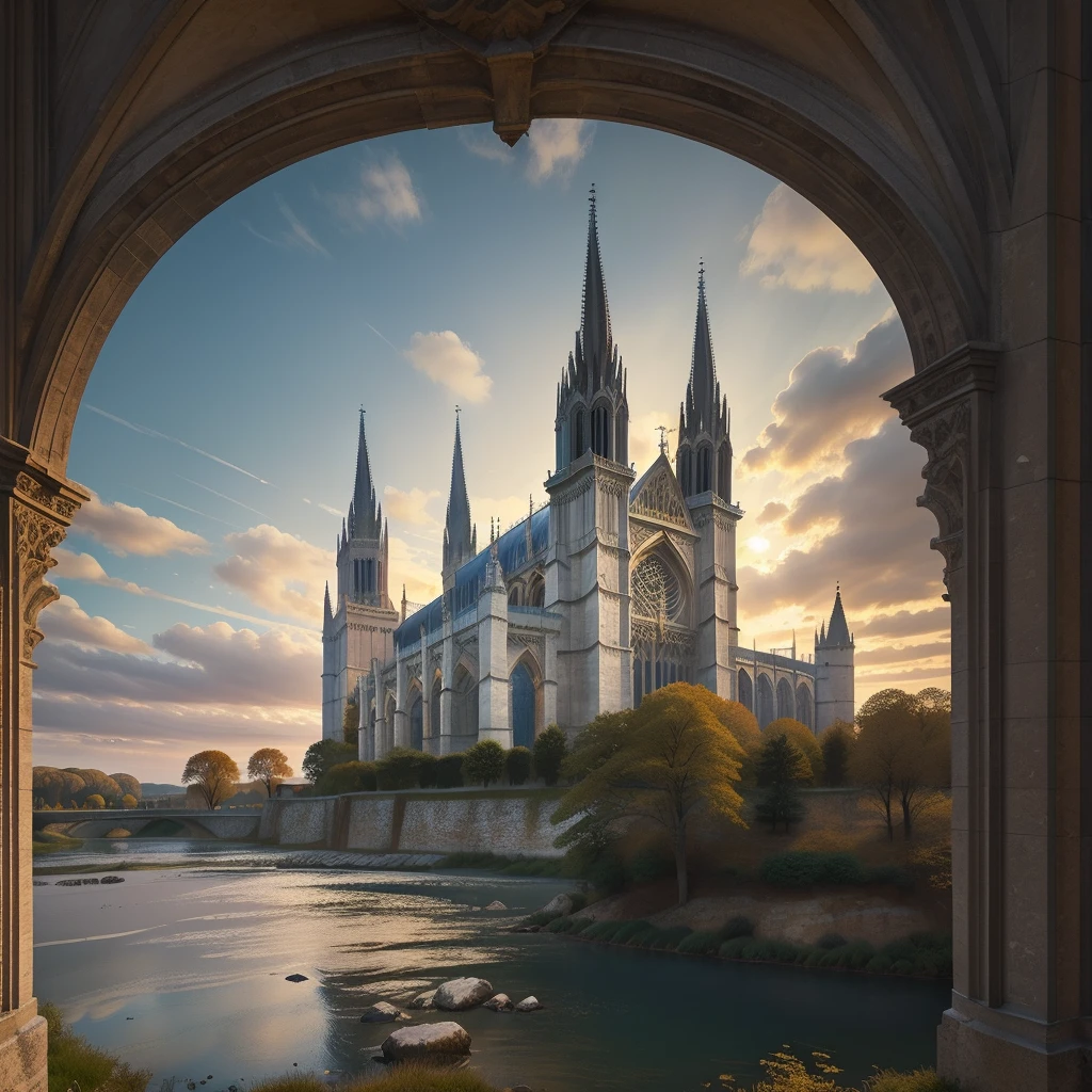 colossal gothic cathedral,ornate concentric architecture,stained glass windows,towering stone walls,pristine moat,white marble bridge,flying buttresses,intricate architectural details,dramatic lighting,warm color palette,photorealistic,8k,ultra-detailed,masterpiece,award winning art