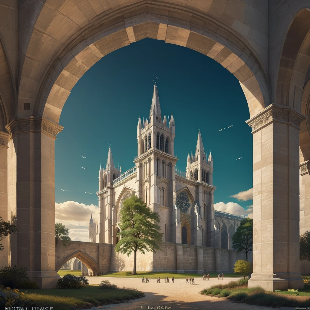 colossal gothic cathedral,ornate concentric architecture,stained glass windows,towering stone walls,pristine moat,white marble bridge,flying buttresses,intricate architectural details,dramatic lighting,warm color palette,photorealistic,8k,ultra-detailed,masterpiece,award winning art