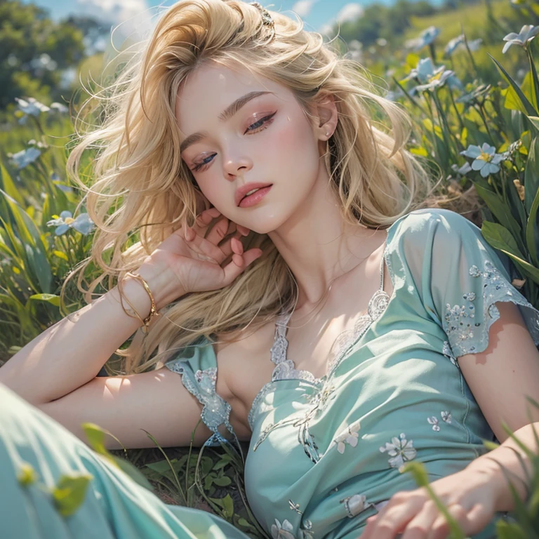 masterpiece: 1.2, Portraiture, Highest quality), Realistic, (Live Action, Intricate details, Written boundary depth), Highest quality, masterpiece, Attention to detail, semi-Realistic, Sleeping on the grass, shy, 2, Short blonde, blue eyes, blonde、 Slim figure、Shoulder Bare、Shorts 、Blue sky and a few clouds、Rolling on the lawn