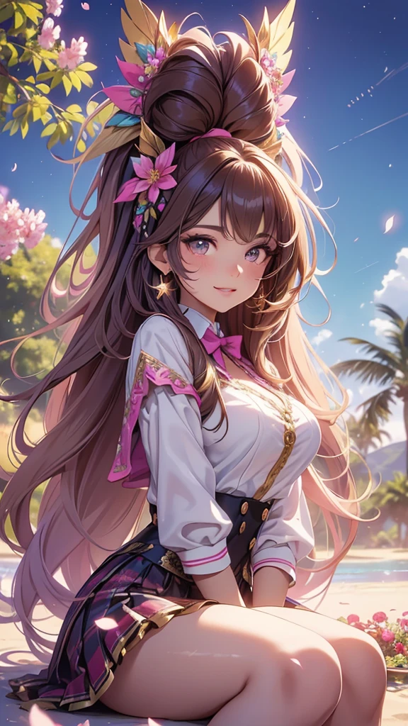 (best quality,4k,8k,highres,masterpiece:1.2),ultra-detailed,(realistic,photorealistic,photo-realistic:1.37),acrylic painting,beautiful Brazilian model in a uniform outfit with downy hair,beautiful Brazilian model with extremely colorful brown hair and detailed facial features,beautiful Brazilian model standing in a beautiful garden surrounded by a starry sky,brown hair,beautiful Brazilian model wearing a vibrant pink and teal uniform outfit,beautiful Brazilian model with intricate accessories,cat ears, ,beautiful Brazilian model with long flowing twintails,beautiful Brazilian model with bright brown eyes and rosy lips,beautiful Brazilian model with a joyful expression,beautiful Brazilian model in a dynamic pose with cherry blossoms falling around her,beautiful Brazilian model surrounded by colorful flowers and butterflies,beautiful Brazilian model's school uniform outfit adorned with cute bows and lace details,beautiful Brazilian model with an enchanting smile,beautiful Brazilian model with soft, pastel-colored shading,beautiful Brazilian model with a magical glow illuminating her,beautiful Brazilian model in a picturesque setting with a winding path leading to a magnificent castle,beautiful Brazilian model with a fairytale-like background,beautiful Brazilian model with a soft, dreamy atmosphere,beautiful Brazilian model with a subtle bokeh effect,beautiful Brazilian model standing under a sunny sky,beautiful Brazilian model with a warm, golden sunset in the background,beautiful Brazilian model surrounded by twinkling stars and colorful nebulae,creating an ethereal and captivating artistic masterpiece, sitting down, facing camera.