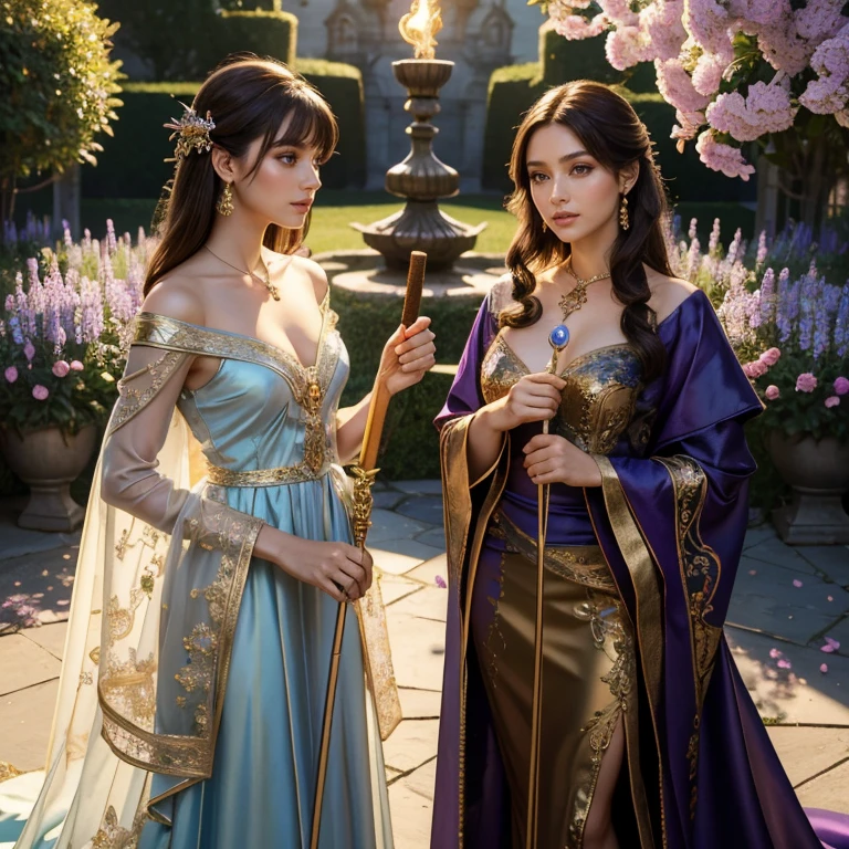 (​masterpiece, best quality:1.5), highest quality, High resolution, super detailed, Realists, Upper body photo of a brunette sorceress, detailed and beautiful eyes, beautiful detailed lips, very detailed eyes and face, longeyelashes, shiny satin dress, Holding a magic wand in your hand, Cast a transformation spell, The flower turns into a golden rod, Glowing wands available,Beautiful and colorful makeup, elegant and noble々The jewelry bag, Gardens as background, soft daylight, bright colors, fine brushstrokes, Portrait style, Silk dress fabric, beautiful color palette, glowing skin, First-class rendering, that captures every detail, enchanting atmosphere, subtle shadows and lights, (perfect anatomy:1.2), (The two stunning sorceresses transform flowers into sticks. (a transformation with the magic wand:1.4), (magnificent panorama view:1.2)