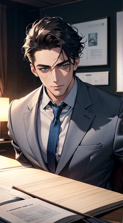 (best quality,4k,8k,highres,masterpiece:1.2),ultra-detailed,(realistic,photorealistic,photo-realistic:1.37),1 man,31 years old,mature man,very handsome,without expression,smile,short grey black hair,blue eyes,penetrating gaze,perfect face without errors,imposing posture,businessman,office background,cinematic lighting,hdr image