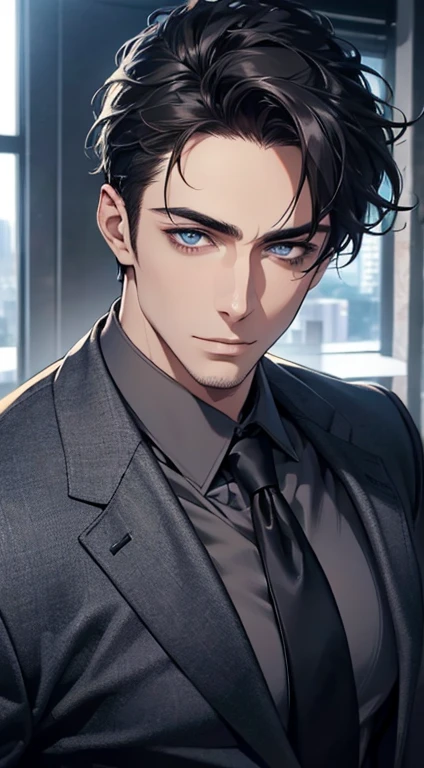 (best quality,4k,8k,highres,masterpiece:1.2),ultra-detailed,(realistic,photorealistic,photo-realistic:1.37),1 man,31 years old,mature man,very handsome,without expression,smile,short grey black hair,blue eyes,penetrating gaze,perfect face without errors,imposing posture,businessman,office background,cinematic lighting,hdr image