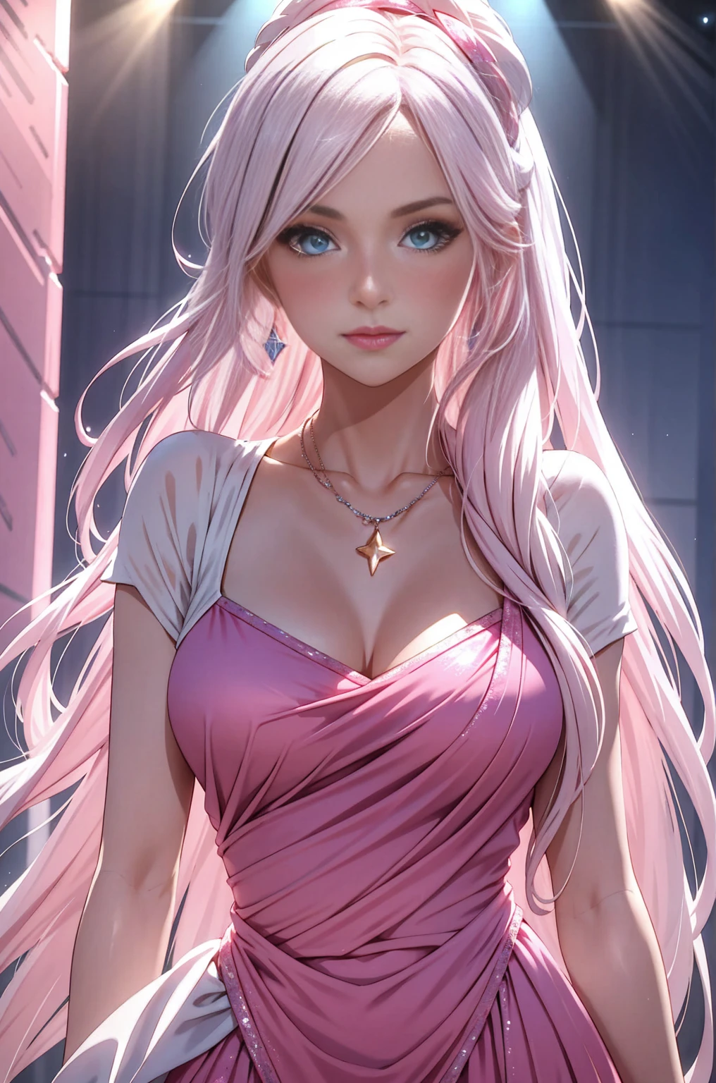 1 Girl，Star blue eyes，Blush，Perfect lighting，Upper Body，3DMM，blond，Long hair，Jewelry，Gradient pink background，Pink dress，earrings，Pink dress，lifelike，necklace，Looking at the audience，Headdress，Pink lips，Light smile，Unreal Engine，Side lighting，Detailed face，Bangs，Bright skin