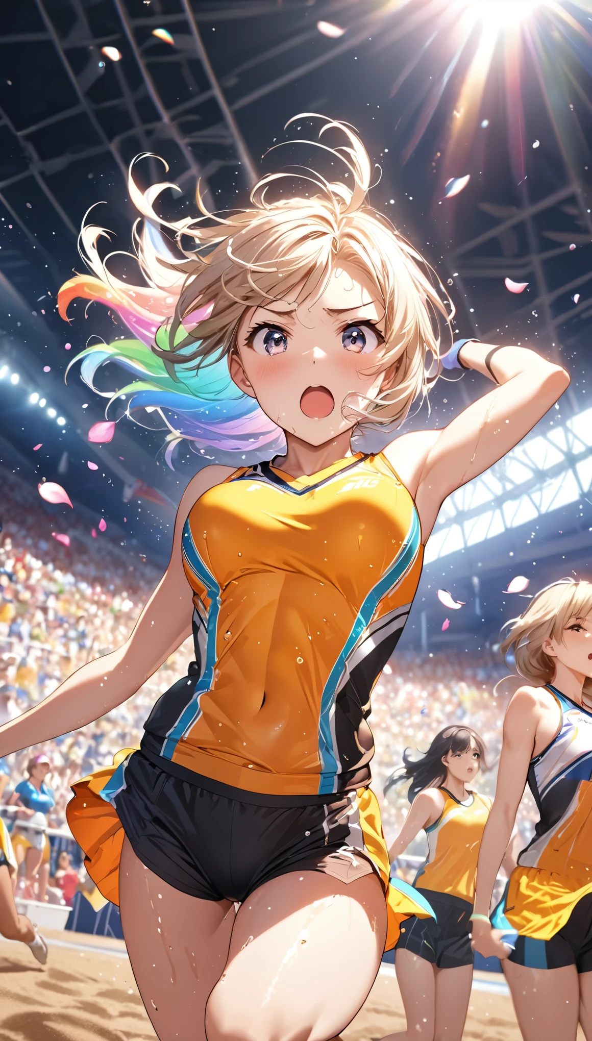 (Sports magazine cover photo), Highest quality, Great quality, 16K, Unbelievably absurd, Very detailed, delicate and dynamic, Natural light, The particles reflect light, Diffuse reflection of light, Many rainbow-colored petals fall, Beautiful sand field, Sparkling Sun, Diffuse reflection of light, Create amazing image effects, , Wet, sweating, athletics, Long jump, Long jumper, Jumping high, Close-up(Cute sexy girl, big bouncing busts, Sensual expression, Cool girl, Serious, passion, Dynamic, Flashy Athletics Uniforms, ,audience , much-air-laden cheer)