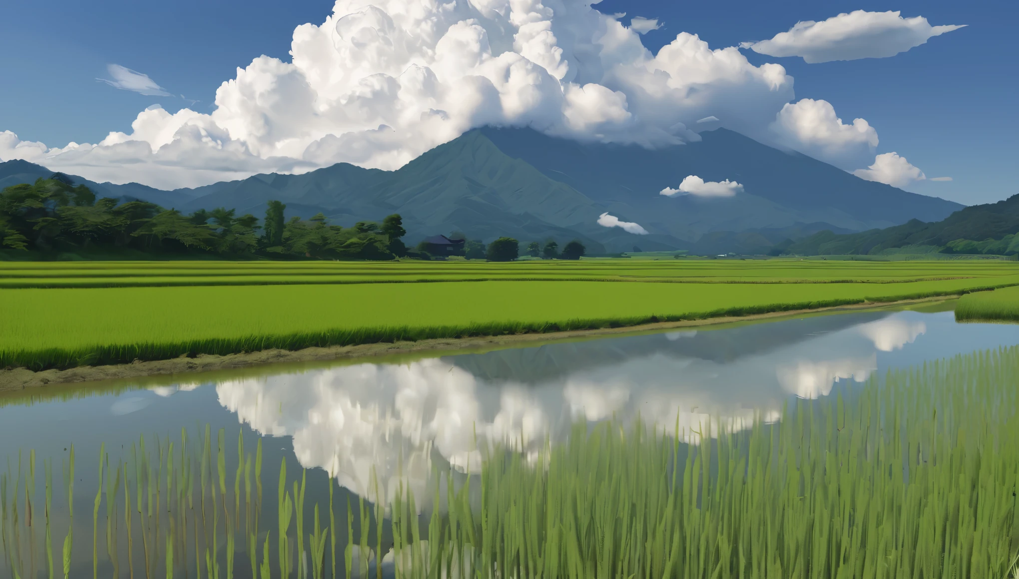Japanese countryside,Paddy field,Azemichi,Midsummer,sunny,cumulonimbus,Daytime,Highest quality, 8k, High resolution, masterpiece:1.2, Very detailed, Realistic:1.37, High resolution, 超High resolution, Very detailed, Professional, Vibrant colors