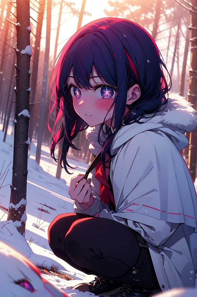 aihoshino, Ai Hoshino, Long Hair, bangs, (Purple eyes:1.1), Purple Hair, (Symbol-shaped pupil:1.5), smile,,smile,blush,white breath,
Open your mouth,snow,Ground bonfire, Outdoor, boots, snowing, From the side, wood, suitcase, Cape, Blurred, , forest, White handbag, nature,  Squat, Mouth closed, Cape, winter, Written boundary depth, Black shoes, red Cape break looking at viewer, Upper Body, whole body, break Outdoor, forest, nature, break (masterpiece:1.2), Highest quality, High resolution, unity 8k wallpaper, (shape:0.8), (Beautiful and beautiful eyes:1.6), Highly detailed face, Perfect lighting, Highly detailed CG, (Perfect hands, Perfect Anatomy),