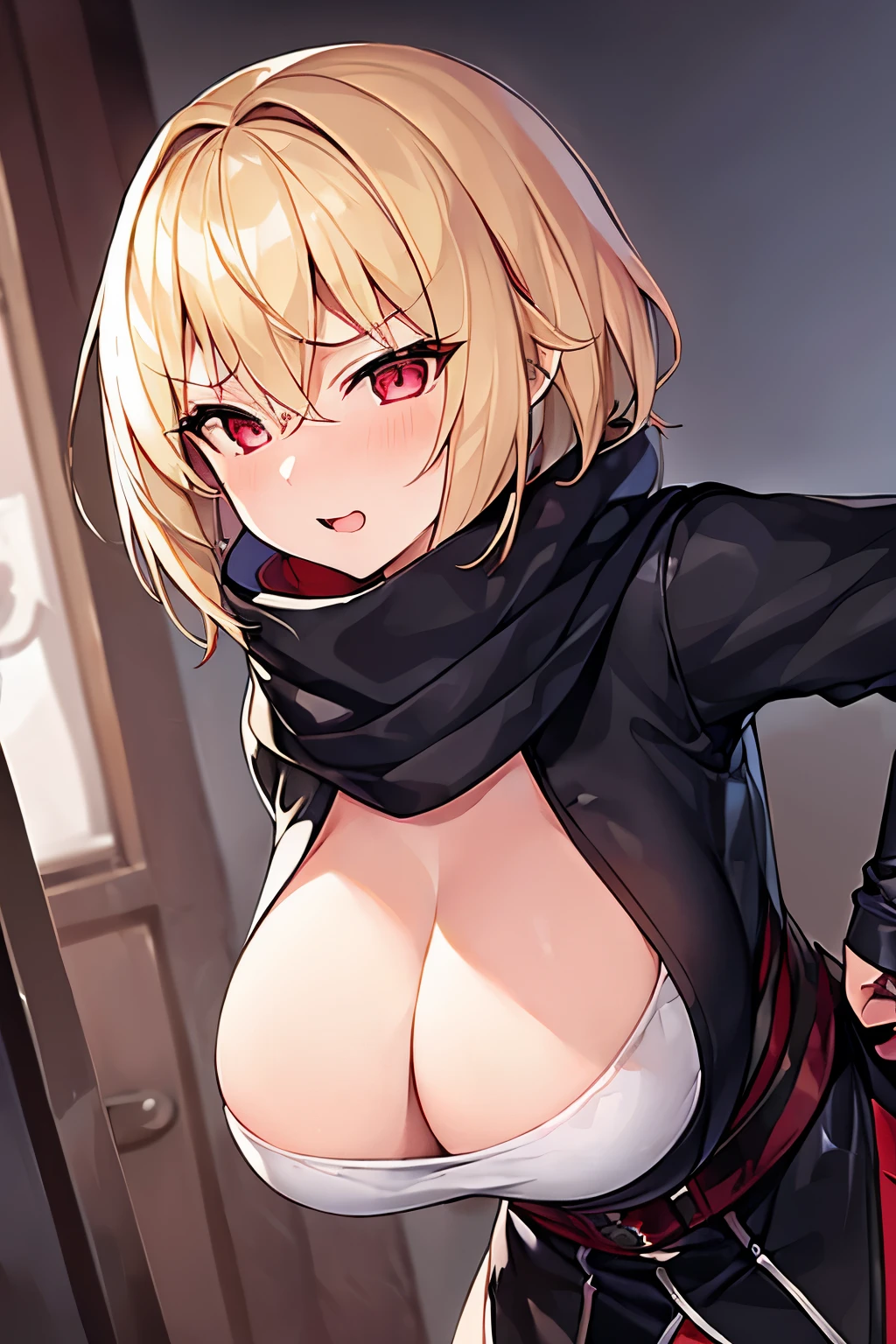 1 girl、Blonde、Short Hair、Darkleaper、Fantasy、Black clothing、((Aggressive design))、Clothes to seduce、Bigger breasts、Scarf、Cool people、Red Eyes、Fan、Lust、Estrus、((sexual excitement))、visible breath、Jail、A sultry expression、Don&#39;t think about anything、Pleasure that attacks the whole body