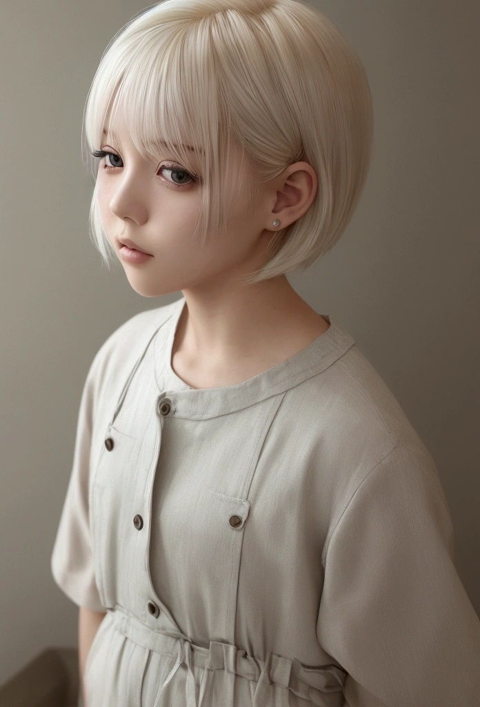 Short platinum blonde hair，Naturally Beautiful Hair，The background is simple and clean，The overall picture is beautiful and comfortable