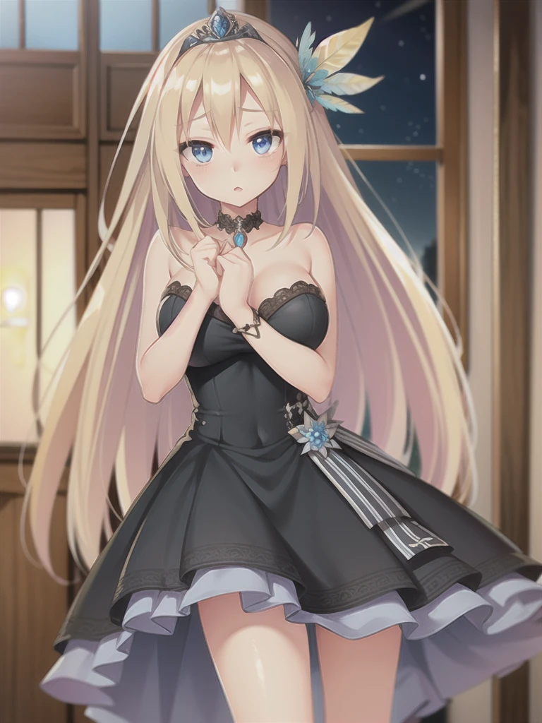 saratoga \(warship girls r\),1girl, solo, (8k, masterpiece:1.2),highly detailed,ultra-detailed,masterclass,hair_between_eyes,braid,perfect lighting,medium breasts,hair ornament,(detailed facial features),full body,long_hair,blush,feathers hair ornament,(dark blue wedding dress:1.2) night,windows,indoors,light,indoors,carpet,illustration,cowboy shot,masterpiece,best quality,(MediumBlue evening dress:1.2),
blonde long hair(delicate hair),blue eyes(delicate eyes),