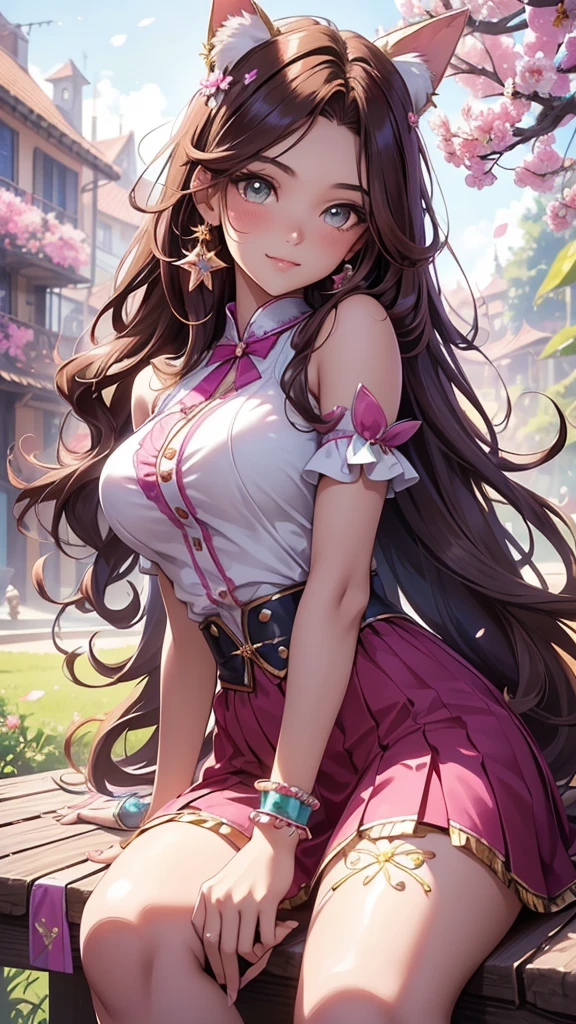 (best quality,4k,8k,highres,masterpiece:1.2),ultra-detailed,(realistic,photorealistic,photo-realistic:1.37),acrylic painting,beautiful Brazilian model in a uniform outfit with downy hair,beautiful Brazilian model with extremely colorful brown hair and detailed facial features,beautiful Brazilian model standing in a beautiful garden surrounded by a starry sky,brown hair,beautiful Brazilian model wearing a vibrant pink and teal uniform outfit,beautiful Brazilian model with intricate accessories,cat ears, ,beautiful Brazilian model with long flowing twintails,beautiful Brazilian model with bright brown eyes and rosy lips,beautiful Brazilian model with a joyful expression,beautiful Brazilian model in a dynamic pose with cherry blossoms falling around her,beautiful Brazilian model surrounded by colorful flowers and butterflies,beautiful Brazilian model's school uniform outfit adorned with cute bows and lace details,beautiful Brazilian model with an enchanting smile,beautiful Brazilian model with soft, pastel-colored shading,beautiful Brazilian model with a magical glow illuminating her,beautiful Brazilian model in a picturesque setting with a winding path leading to a magnificent castle,beautiful Brazilian model with a fairytale-like background,beautiful Brazilian model with a soft, dreamy atmosphere,beautiful Brazilian model with a subtle bokeh effect,beautiful Brazilian model standing under a sunny sky,beautiful Brazilian model with a warm, golden sunset in the background,beautiful Brazilian model surrounded by twinkling stars and colorful nebulae,creating an ethereal and captivating artistic masterpiece, sitting down, facing camera.