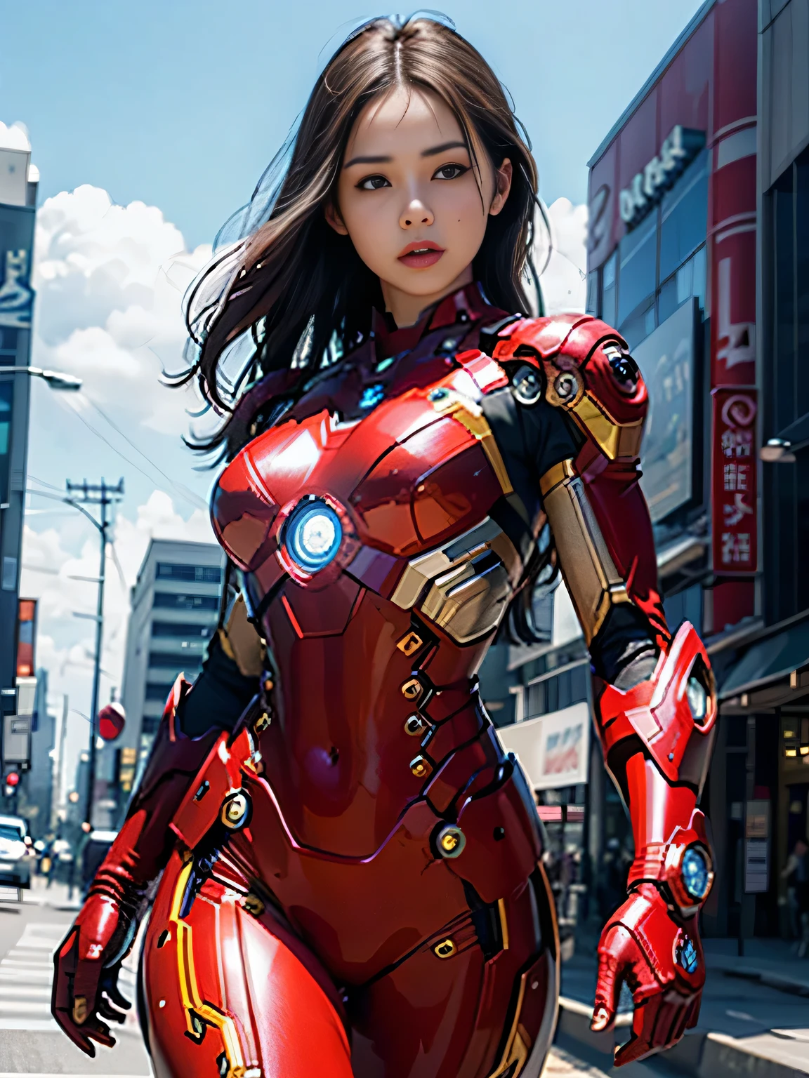 8k, realistic, attractive, highly detailed, a 20 year old girl a sexy and attractive woman inspired by Iron Man wearing a shiny Iron Man mech. She dresses with sensuality and confidence, perfectly interpreting Iron Man&#39;s strength and charisma. The abandoned warehouse serves as a backdrop, creating a unique atmosphere that highlights her bravery and perseverance. The tall buildings and buildings on the street exude the unique charm of cyberpunk, and the neon light outlines the outline of the city, which sets off the powerful strength and personality charm of Iron Man. This high-definition, high-quality picture will bring you stunning visual enjoyment, a perfect combination of sexy, futuristic and sci-fi elements. oc rendering, dramatic lighting, award winning quality