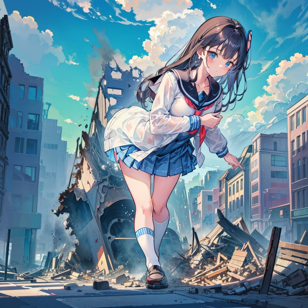 Composition viewed from below　(blue sky)　((cumulonimbus))　masterpiece　　Anime Style　Delicate painting　4K　90's　giant　crowd　 ((battlefield))　　((destroyed metropolis))　((Collapsed building))　((ruins))　((Rubble pile))　((fire))　((cigarette))　crowd　Crowd of people　((((A giant schoolgirl walking through the city valley)))　((Sailor suit))　White socks　watch　Black Hair　　smile　　female giant giant girl Whole body 　 Crowd Unreal Engine,cleavage ,a drawing of a , earrings, long hair,Cute picture　Beauty　Analog style　whole body　sneakers