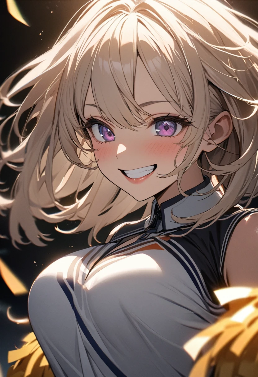 (masterpiece:1.3), (8K、best quality:1.4), (Best image quality, Intricate details, high resolution, Depth field, Natural light, Professional lighting), (1 girl), (Solitary), (Asian Girls, Very beautiful 18 year old comic girl), (Very beautiful woman、A charming and beautiful woman, 美しい銀髪のBob Cooter, 強い青いEye, 強いEyeのハイライト, Large breasts, Perfect anatomical structure, Dynamic Lighting, Lip Gloss), A beautiful face with perfect symmetry, Beautiful and delicate woman, Very nice facial details, とても美しい詳細なEye, Smile at the audience, Laughing happily, Beautiful Teeth, Beautiful Teeth alignment, Very detailed, Very detailed, Beautiful Teeth, Beautiful Teeth alignment, Very detailed, Very detailed, ((Detailed cheerleader:1.2)), The light shines on your face, ((Dynamic poses)), Bob Cooter, Cross Bangs, Asymmetrical bangs, Long Neck, Let me see your ears, disappear'Eye, Eyelash, Lovely, Large breasts、very beautiful and big, Very beautiful breast shape, Beautiful cleavage, Tall supermodel, Long-legged supermodel, 超级名模Dress up as a cheerleader, Strike a pose, Dress up as a cheerleader, woman closeup, to the camera, laughter, (Cheerleading costumes), ((scarf, Open-front sleeveless shirt, Flared skirt, mini skirt)), Young slim gravure idol, Young gravure idol, Young gravure idol, Stadium background during daytime