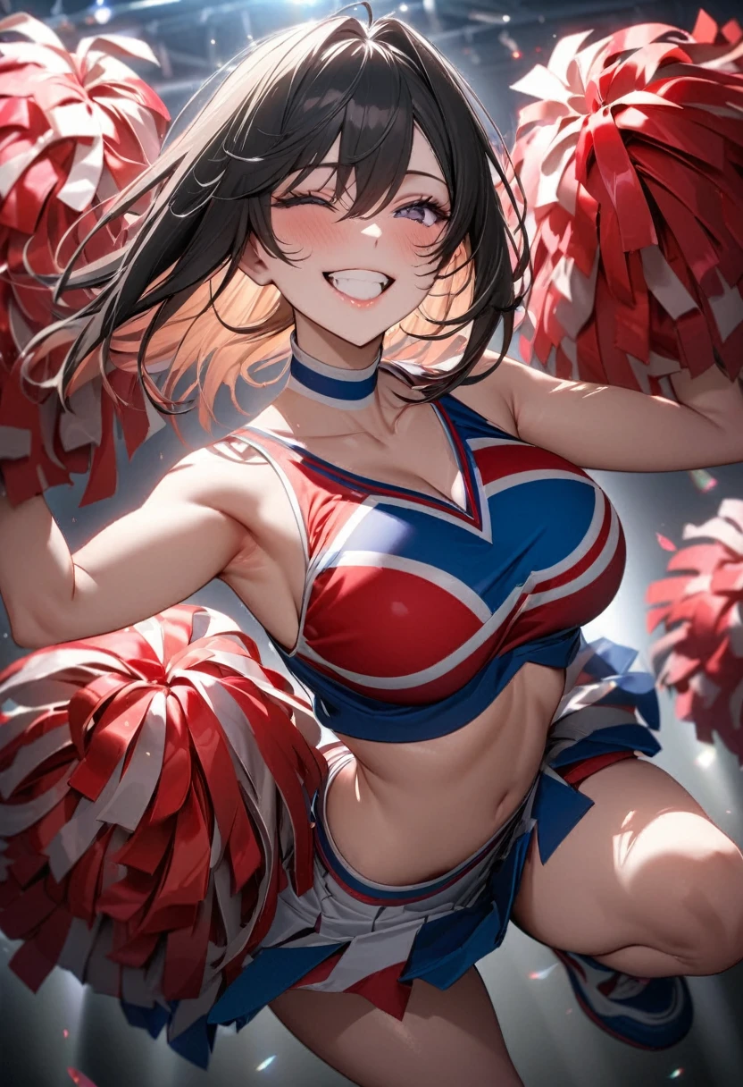 (masterpiece:1.3), (8K、best quality:1.4), (Best image quality, Intricate details, high resolution, Depth field, Natural light, Professional lighting), (1 girl), (Solitary), (Asian Girls, Very beautiful 18 year old comic girl), (Very beautiful woman、A charming and beautiful woman, 美しい銀髪のBob Cooter, 強い青いEye, 強いEyeのハイライト, Large breasts, Perfect anatomical structure, Dynamic Lighting, Lip Gloss), A beautiful face with perfect symmetry, Beautiful and delicate woman, Very nice facial details, とても美しい詳細なEye, Smile at the audience, Laughing happily, Beautiful Teeth, Beautiful Teeth alignment, Very detailed, Very detailed, Beautiful Teeth, Beautiful Teeth alignment, Very detailed, Very detailed, ((Detailed cheerleader:1.2)), The light shines on your face, ((Dynamic poses)), Bob Cooter, Cross Bangs, Asymmetrical bangs, Long Neck, Let me see your ears, disappear'Eye, Eyelash, Lovely, Large breasts、very beautiful and big, Very beautiful breast shape, Beautiful cleavage, Tall supermodel, Long-legged supermodel, 超级名模Dress up as a cheerleader, Strike a pose, Dress up as a cheerleader, woman closeup, to the camera, laughter, (Cheerleading costumes), ((scarf, Open-front sleeveless shirt, Flared skirt, mini skirt)), Young slim gravure idol, Young gravure idol, Young gravure idol, Stadium background during daytime