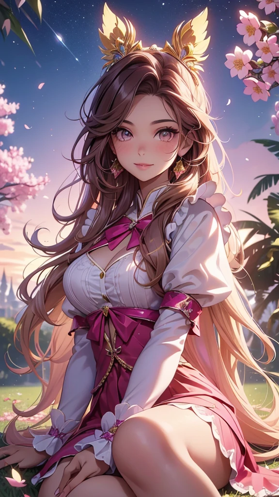 (best quality,4k,8k,highres,masterpiece:1.2),ultra-detailed,(realistic,photorealistic,photo-realistic:1.37),acrylic painting,beautiful Brazilian model in a uniform outfit with downy hair,beautiful Brazilian model with extremely colorful brown hair and detailed facial features,beautiful Brazilian model standing in a beautiful garden surrounded by a starry sky,brown hair,beautiful Brazilian model wearing a vibrant pink and teal uniform outfit,beautiful Brazilian model with intricate accessories,cat ears, ,beautiful Brazilian model with long flowing twintails,beautiful Brazilian model with bright brown eyes and rosy lips,beautiful Brazilian model with a joyful expression,beautiful Brazilian model in a dynamic pose with cherry blossoms falling around her,beautiful Brazilian model surrounded by colorful flowers and butterflies,beautiful Brazilian model's school uniform outfit adorned with cute bows and lace details,beautiful Brazilian model with an enchanting smile,beautiful Brazilian model with soft, pastel-colored shading,beautiful Brazilian model with a magical glow illuminating her,beautiful Brazilian model in a picturesque setting with a winding path leading to a magnificent castle,beautiful Brazilian model with a fairytale-like background,beautiful Brazilian model with a soft, dreamy atmosphere,beautiful Brazilian model with a subtle bokeh effect,beautiful Brazilian model standing under a sunny sky,beautiful Brazilian model with a warm, golden sunset in the background,beautiful Brazilian model surrounded by twinkling stars and colorful nebulae,creating an ethereal and captivating artistic masterpiece, sitting down, facing camera.