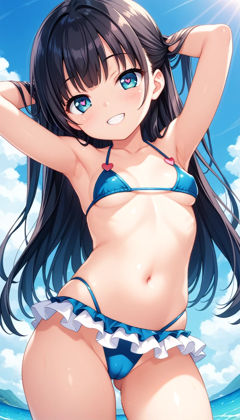 1girl, Slight crotch bulge, tiny girl, young girl, mesugaki, mesugaki smile, Boyish, Black hair, bikini, long frilled SKIRT, small breasts, big ass, thick thighs, Teasing, naughty looks, heart eyes, Lower arm, A girl puts her hand on her crotch, tidy, Focus on the girl, glossy skin, oily skin, Gravure, pinup, junior idols, image video, Masterpiece:2, Top Quality, high Quality, Very Detailed, ultra High Resolution, super High Resolution, Beautiful Detail, Dynamic angles, perfect lighting, 8k, Animation Style, cartoon style, game cg, sfw:1.1