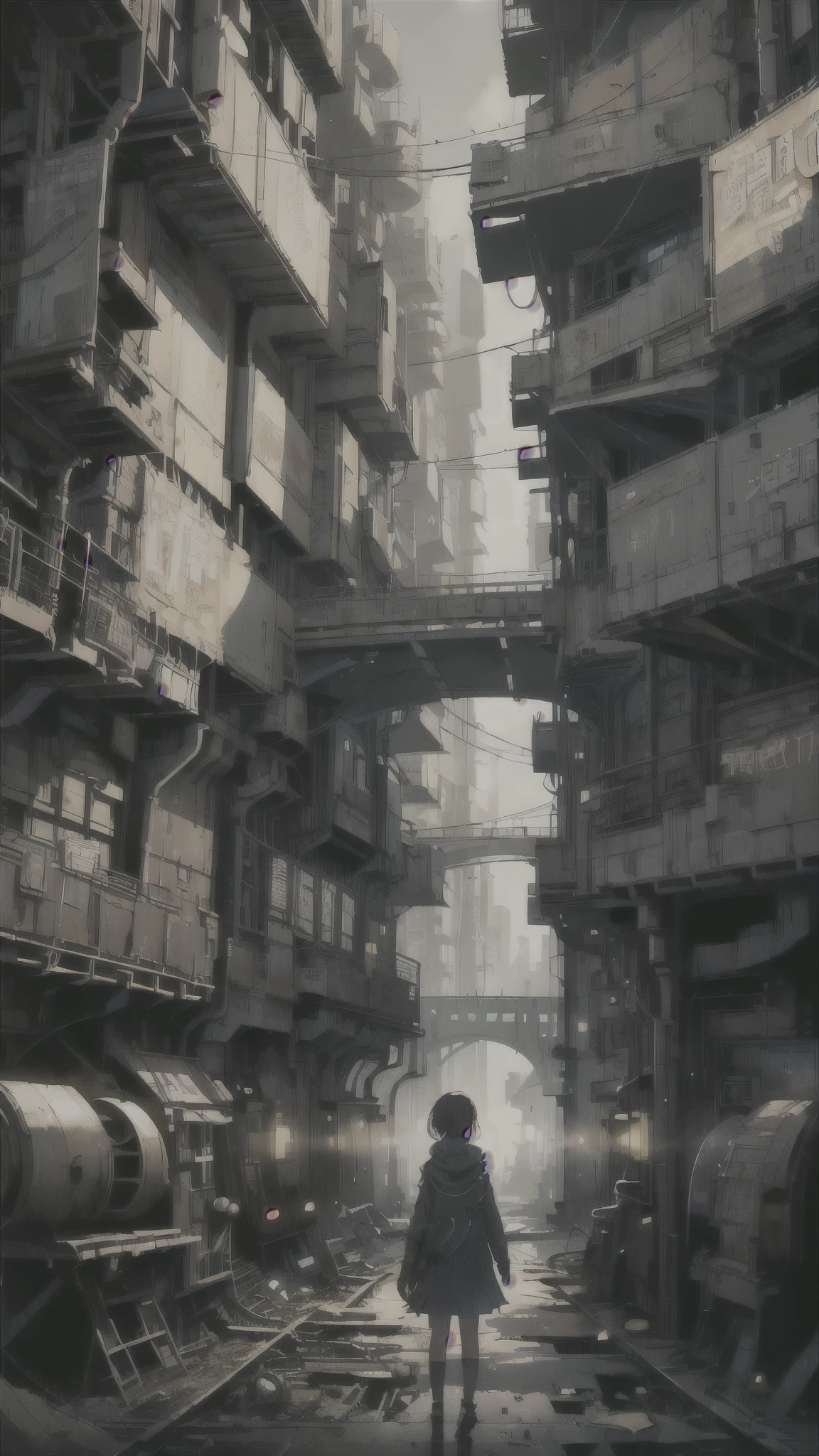 A ray of hope in a dystopian world、A young girl gets lost in a dark Chinese skyscraper、The back of a is reflected in the center of the screen.、Highly complex cityscape、A ruined world、Pull Configuration、industrial use、High-definition depiction、A city lined with electric wires、Create a story with four sheets