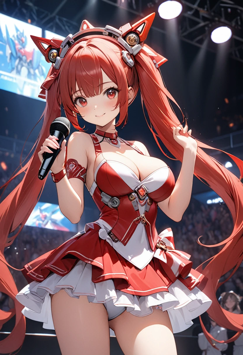 3dCG concept art,A futuristic robotic idol.The girl is very cute,Red hair with red twin tails,Wearing a red and white robot-like barrette on his head,It has very cute red eyes,From the neck down All mechanical girls 、The five rings and hand depictions based on perfect anthropometry,Wearing cute and luxurious idol costumes with frills,Her frilly shorts are visible from under her skirt.The machine-made breasts are slightly larger,Beautiful Mecha Cleavage.It emphasizes the cleavage of the machine.The limbs are exposed mechanically,she Devotedly responding to the cheers of the audience,She is exciting the arena with her cute and dynamic poses.(Dynamic pose with microphone in one hand:1.5),The background of the live stage is full of futuristic vibes, with many monitors and the audience waving their hands.Bold cowboy shots showing off their shorts to the camera,The cuteness of a girl's face and the beauty of her skin,Realistic representation of the mecha,The texture and cuteness of the costumes,A scene from the live stage.High quality, high image quality,(Masterpiece, best quality, 4k, 8k:1.2),Ultra detail,Ultra-fine painting, dramatic lighting, physically based rendering, vivid colors, professional photography,