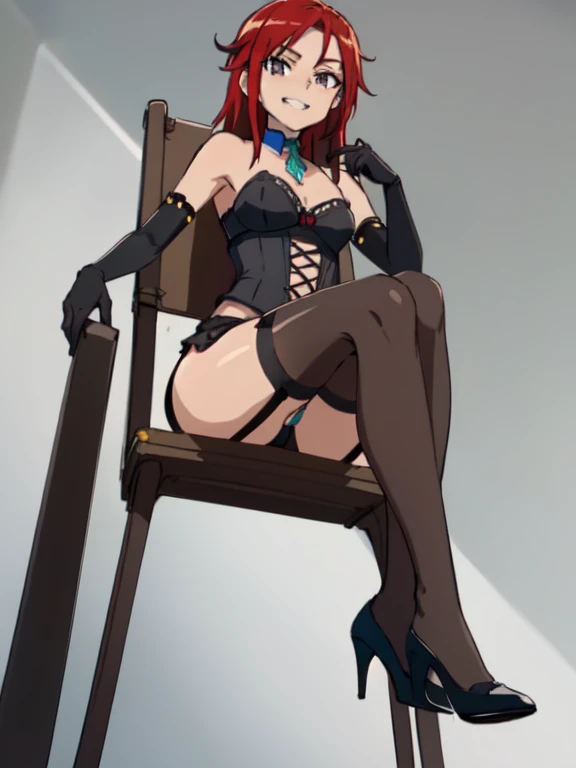 ((Highest quality)), ((masterpiece)), (detailed), prison, One girl, ((bare shoulders)), ((black bustier)), ((black stockings)), ((black g-string)), ((black high heels)), ((black garter belt)), ((black elbow gloves)), ((chair)), ((female sitting in a chair)),  evil grin, (((((from below))))),   looking at viewer,  ass pov, looking down,