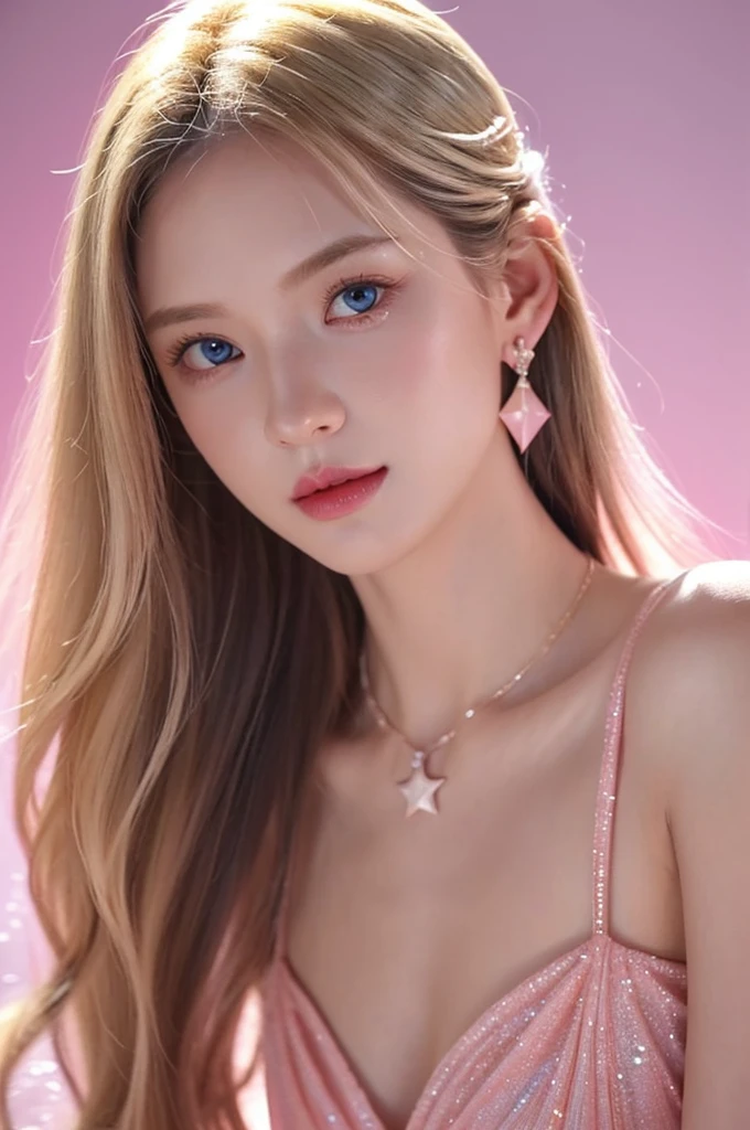 1 Girl，Star blue eyes，Blush，Perfect lighting，Upper Body，3DMM，blond，Long hair，Jewelry，Gradient pink background，Pink dress，earrings，Pink dress，lifelike，necklace，Looking at the audience，Headdress，Pink lips，Light smile，Unreal Engine，Side lighting，Detailed face，Bangs，Bright skin