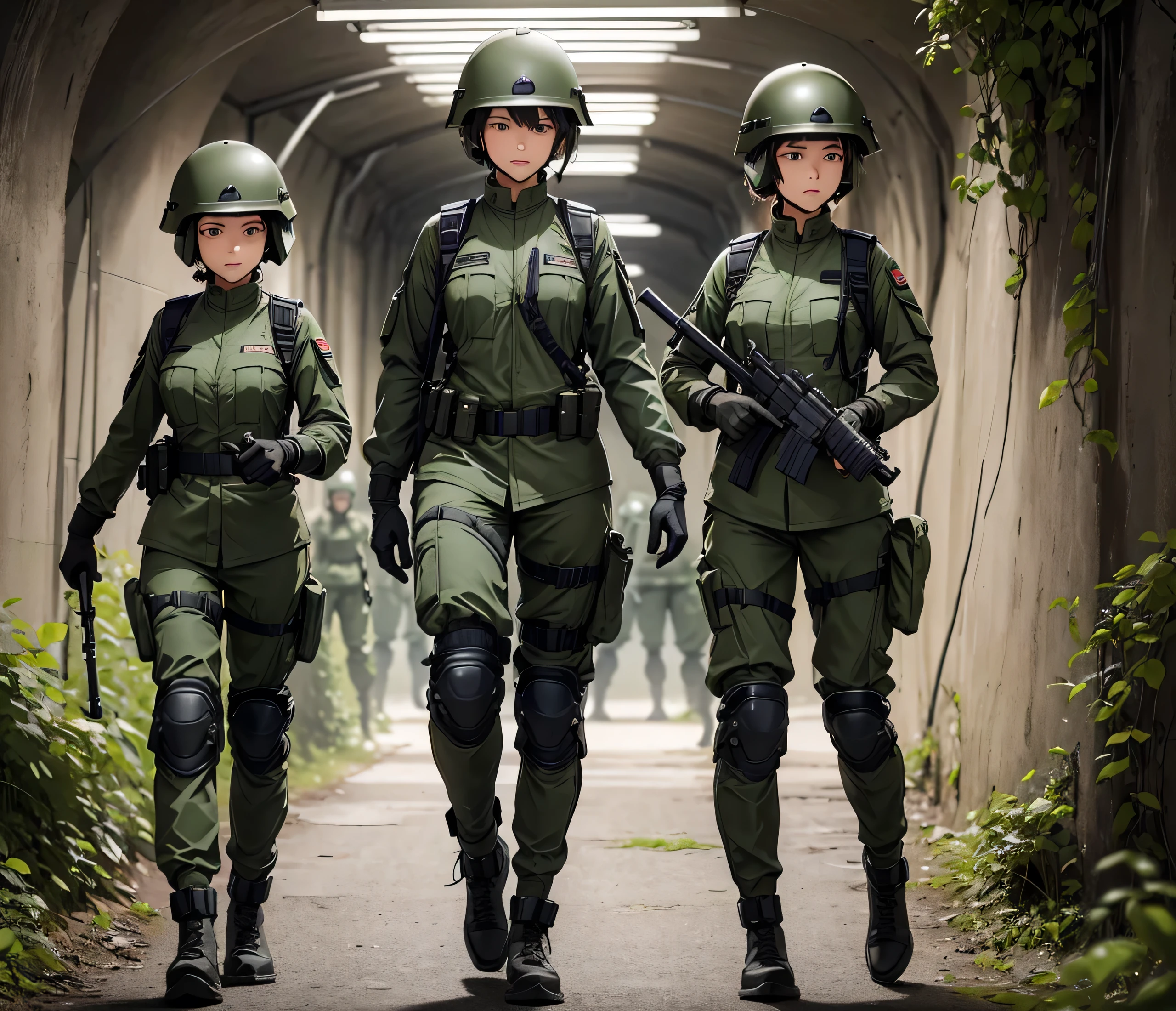 A group of female soldiers wearing dark green M-51 zippered military uniforms、Wear a steel helmet、wear gloves、Military Pants、Knee pads、Patrolling in the tunnels with guns、Write details、masterpiece、best quality、Highly detailed CG、8K picture quality