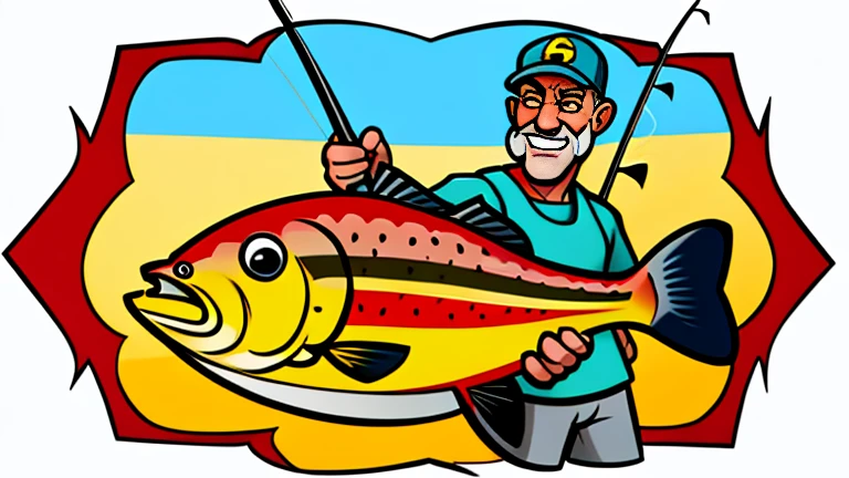 cartoon man holding a fish and a fishing rod, hd illustration, fisherman, fish man, harry volk clip art style, caricature illustration, fishing, clipart, commercial illustration, cel shaded vector art, old man, caricature style, redneck, in cartoon style, caricatural, cartoon digital art, wide portrait, cartoon artstyle, cartoon illustration, drawn with photoshop, 8k