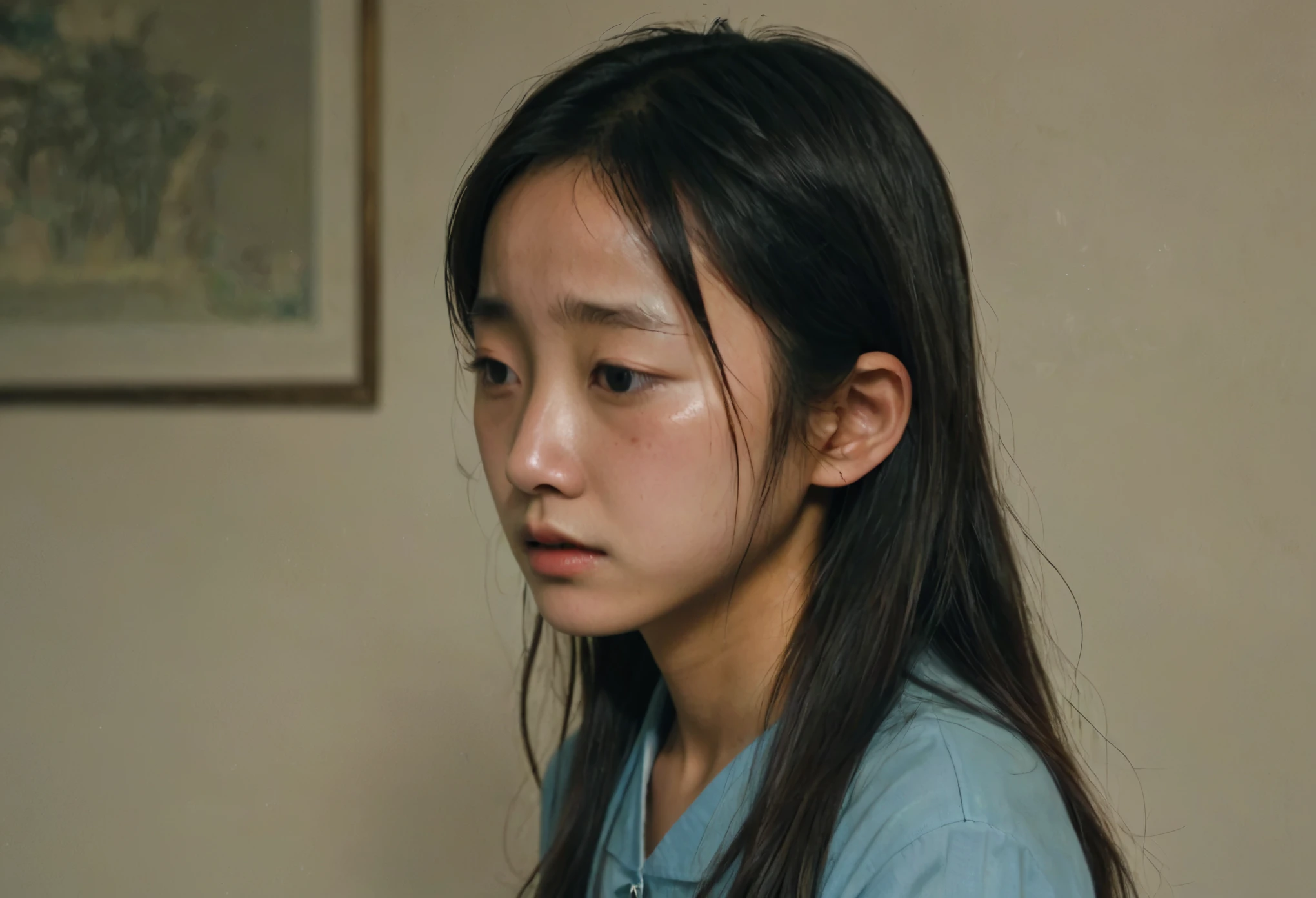A distressed -yeld Kon girl with her head bowed in a dark room