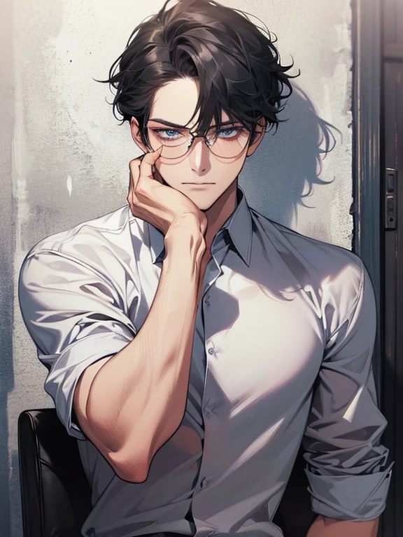 masterpiece, best quality, 1boy, gray black hair, blue eyes, glasses, white shirt, mugshot, wall background, detailed eyes, detailed facial features, realistic and high resolution (best quality, 4k, 8k, highres, masterpiece:1.2)