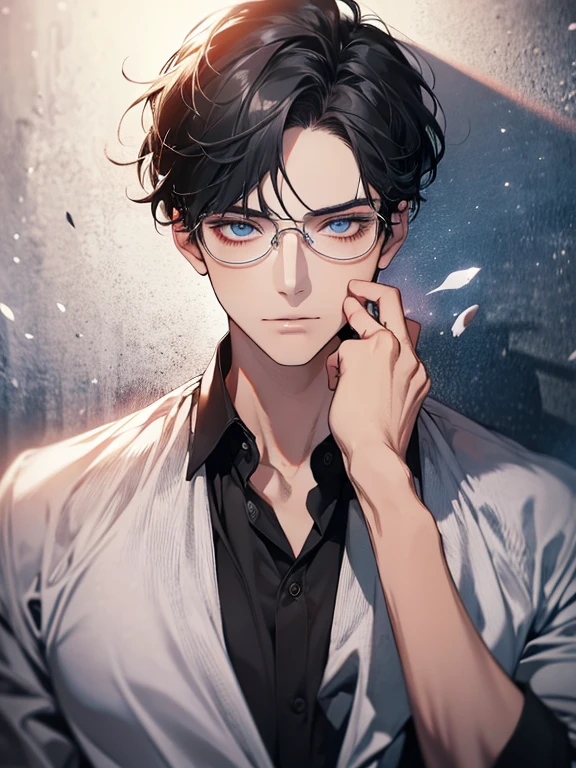 masterpiece, best quality, 1boy, gray black hair, blue eyes, glasses, white shirt, mugshot, wall background, detailed eyes, detailed facial features, realistic and high resolution (best quality, 4k, 8k, highres, masterpiece:1.2)