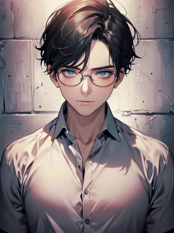 masterpiece, best quality, 1boy, gray black hair, blue eyes, glasses, white shirt, mugshot, wall background, detailed eyes, detailed facial features, realistic and high resolution (best quality, 4k, 8k, highres, masterpiece:1.2)