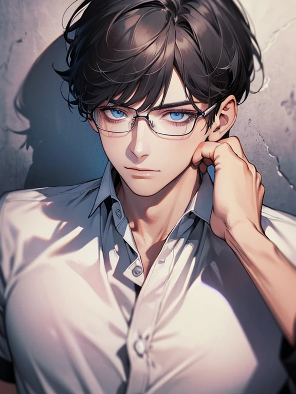 masterpiece, best quality, 1boy, gray black hair, blue eyes, glasses, white shirt, mugshot, wall background, detailed eyes, detailed facial features, realistic and high resolution (best quality, 4k, 8k, highres, masterpiece:1.2)
