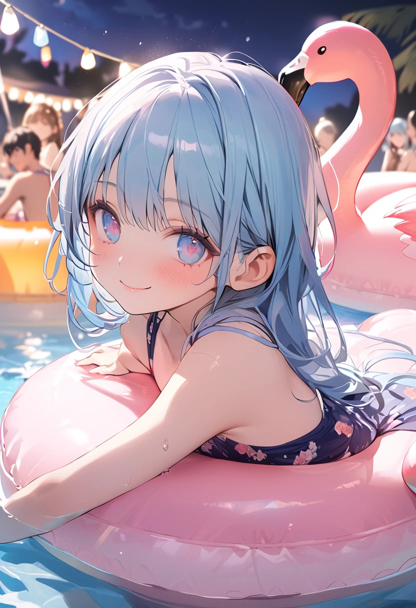 masterpiece, best quality, extremely detailed, (illustration, official art:1.1), 1 girl ,(((( light blue long hair)))), ,(((( light blue long hair)))),light blue hair, , long hair ((blush)) , cute face, big eyes, masterpiece, best quality,(((((a very delicate and beautiful girl))))),Amazing,beautiful detailed eyes,blunt bangs((((little delicate girl)))),tareme(true beautiful:1.2), sense of depth,dynamic angle,,,, affectionate smile, (true beautiful:1.2),,(tiny 1girl model:1.2),)(flat chest), 1 girl in a pool with Inflatable flamingo floats, Pool Party, Ultra-detailed face and eyes、Detailed Eyes、Delicate face、Summer swimming , Inflatable, Carnival floats, summer festival night, festival, 夏のnight, Are you having fun, Having a great time, Warm and fun atmosphere, Have fun, drink, Beach , night, music festival, Splash House, cool , Features