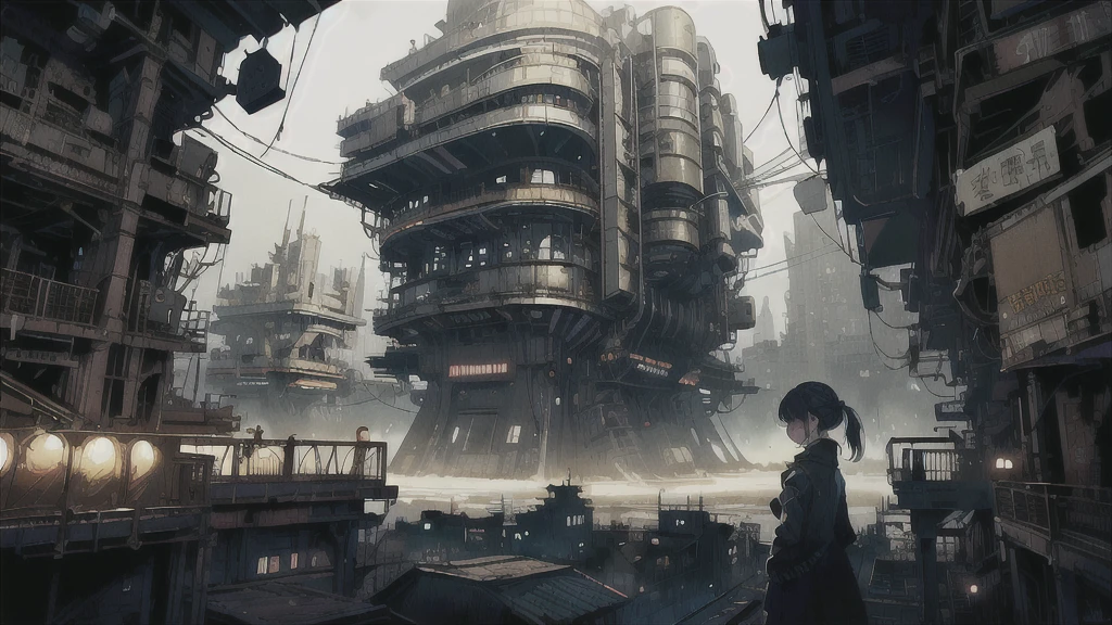 A ray of hope in a dystopian world、A young girl gets lost in a dark Chinese skyscraper、The back of a is reflected in the center of the screen.、Highly complex cityscape、A ruined world、Pull Configuration、industrial use、High-definition depiction、A city lined with electric wires、Create a story with four sheets