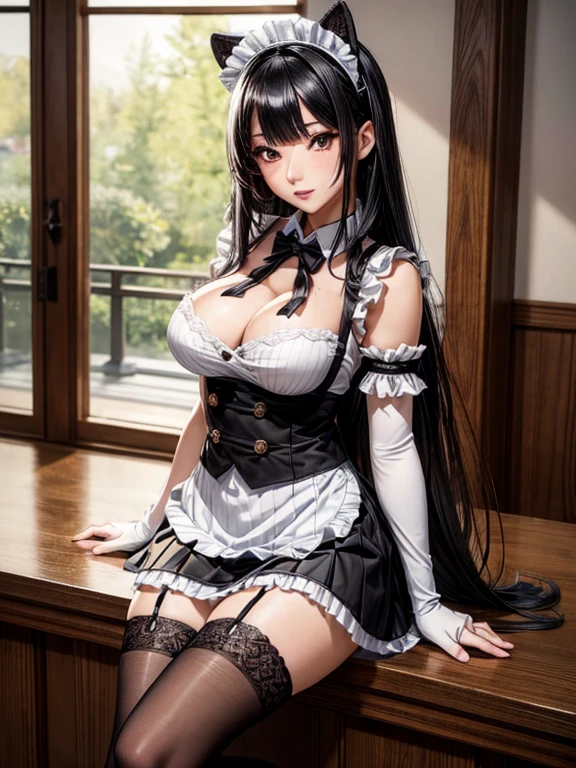 Photorealistic, high resolution, A Japanese Maid named Jade, solo, heavy makeup, Hips up, (Detailed face), Black hair, Long hair, Skirt opened to reveal Black lace Panties and thigh high black and white striped Socks. black micro skirt, Ripped Stockings. Fully clothed Home setting