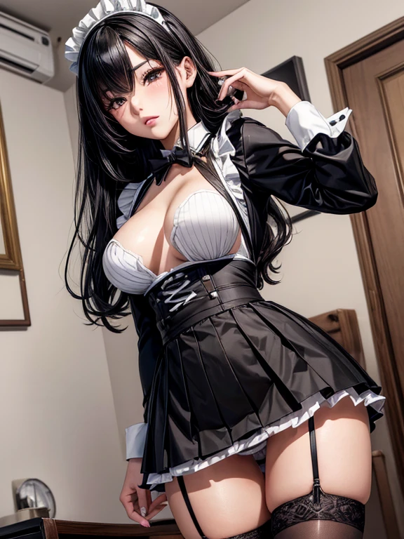 Photorealistic, high resolution, A Japanese Maid named Jade, solo, heavy makeup, Hips up, (Detailed face), Black hair, Long hair, Skirt opened to reveal Black lace Panties and thigh high black and white striped Socks. black micro skirt, Ripped Stockings. Fully clothed Home setting