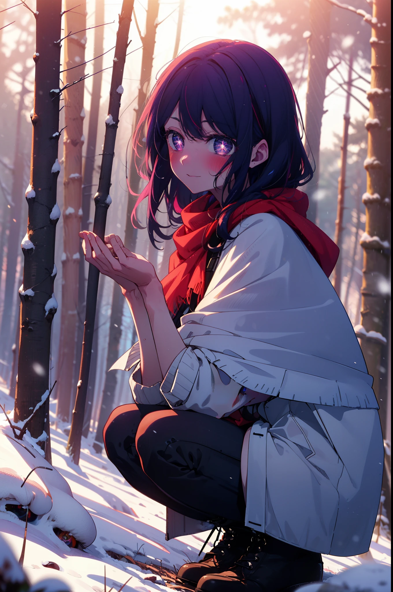 aihoshino, Ai Hoshino, Long Hair, bangs, (Purple eyes:1.1), Purple Hair, (Symbol-shaped pupil:1.5), smile,,smile,blush,white breath,
Open your mouth,snow,Ground bonfire, Outdoor, boots, snowing, From the side, wood, suitcase, Cape, Blurred, , forest, White handbag, nature,  Squat, Mouth closed, Cape, winter, Written boundary depth, Black shoes, red Cape break looking at viewer, Upper Body, whole body, break Outdoor, forest, nature, break (masterpiece:1.2), Highest quality, High resolution, unity 8k wallpaper, (shape:0.8), (Beautiful and beautiful eyes:1.6), Highly detailed face, Perfect lighting, Highly detailed CG, (Perfect hands, Perfect ???????),