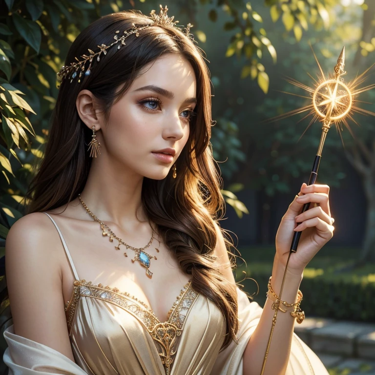 (​masterpiece, best quality:1.5), highest quality, High resolution, super detailed, Realists, Upper body photo of a brunette sorceress, detailed and beautiful eyes, beautiful detailed lips, very detailed eyes and face, longeyelashes, shiny satin dress, Holding a magic wand in your hand, Cast a transformation spell, The birds turn into beautiful necklaces, Glowing wands available, Beautiful and colorful makeup, elegant and noble々The jewelry bag, Gardens as background, soft daylight, bright colors, fine brushstrokes, Portrait style, Silk dress fabric, beautiful color palette, glowing skin, First-class rendering, that captures every detail, enchanting atmosphere, subtle shadows and lights, (perfect anatomy:1.2), (The stunning sorceress turns birds into necklaces. (a transformation with the magic wand:1.4), (magnificent panorama view:1.2)