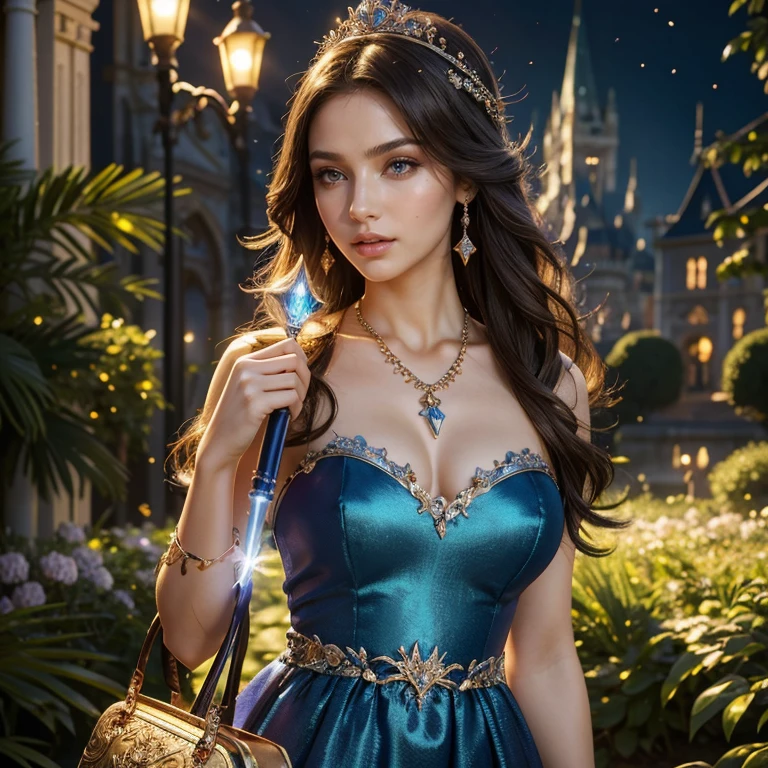 (​masterpiece, best quality:1.5), highest quality, High resolution, super detailed, Realists, Upper body photo of a brunette sorceress, detailed and beautiful eyes, beautiful detailed lips, very detailed eyes and face, longeyelashes, shiny satin dress, Holding a magic wand in your hand, Cast a transformation spell, The birds turn into beautiful necklaces, Glowing wands available, Beautiful and colorful makeup, elegant and noble々The jewelry bag, Gardens as background, soft daylight, bright colors, fine brushstrokes, Portrait style, Silk dress fabric, beautiful color palette, glowing skin, First-class rendering, that captures every detail, enchanting atmosphere, subtle shadows and lights, (perfect anatomy:1.2), (The stunning sorceress turns birds into necklaces. (a transformation with the magic wand:1.4), (magnificent panorama view:1.2)