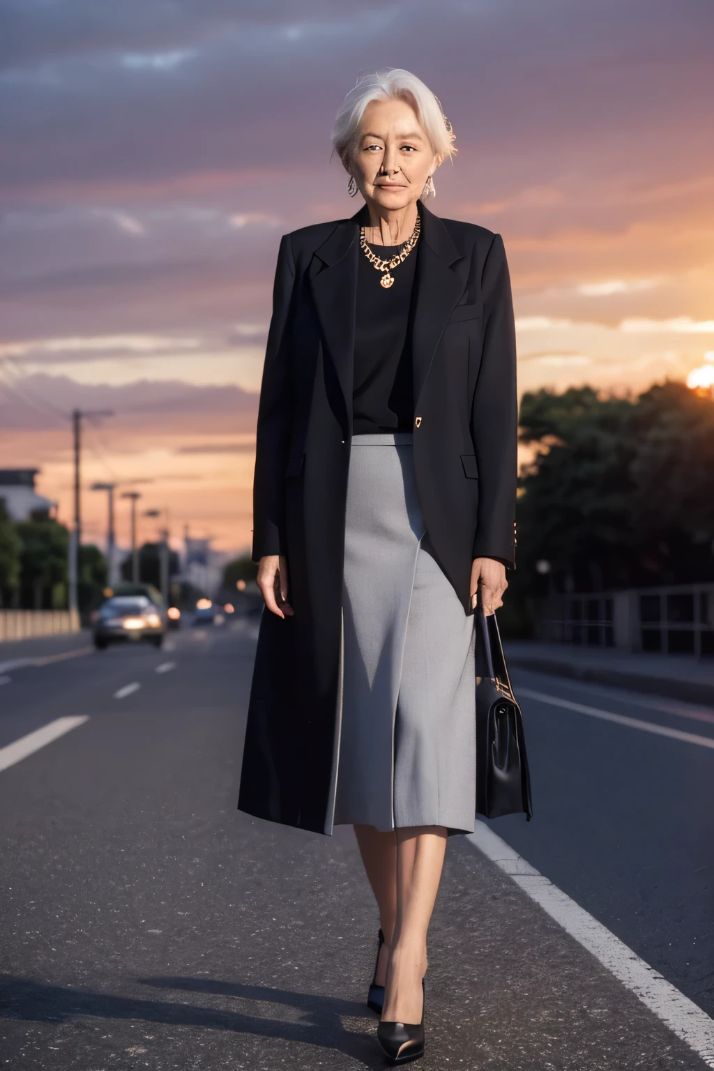 Extremely detailed photographic image, grained image, beautifully composed, color image, 00's fashionable image, fashionable magazine photography, leica summicron 35mm f2.0, Kodak 400tx, fashion photography, fashionable model, Pensioner Senior Adult realistic adult in a suit with skirt, facing a sunset.