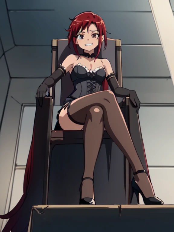 ((Highest quality)), ((masterpiece)), (detailed), prison, One girl, ((bare shoulders)), ((black bustier)), ((black stockings)), ((black g-string)), ((black high heels)), ((black garter belt)), ((black elbow gloves)), ((chair)), ((female sitting in a chair)), evil grin, (((((from below))))), looking at viewer, ((((looking down)))),
