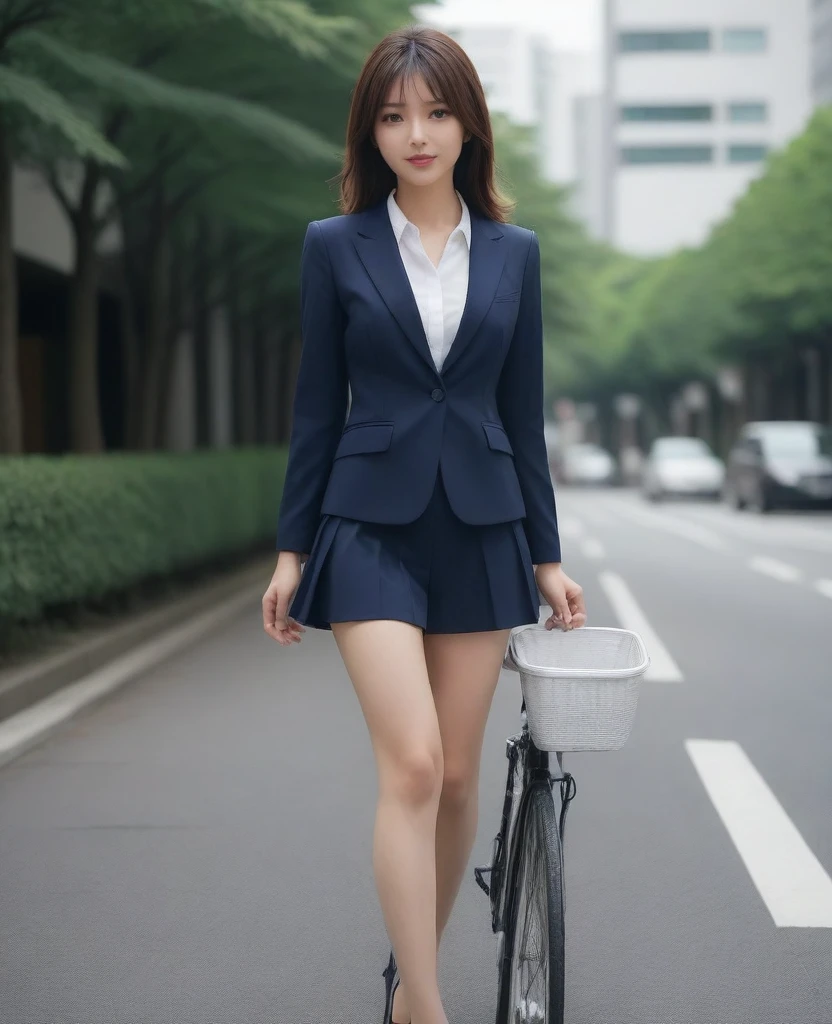 medium closeup, detailed, sharp, solo, biking through Tokyo street, jacket, high heel, long legs, office suits, basket, riding bicycle, bicycle, front view, low angle, going fast, depth of field, beautiful breasts, slender, the most beautiful woman, double eyelid, cute japanese woman, 25 yo, strong wind, slim beautiful legs, sexy pantie stocking, foot on pedal