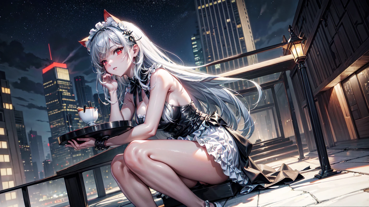 cinematic lighting,super dense skin、Beautiful quality with attention to detail,perfect anatomy,(replace、dim color, pleasant tone:1.3),mid journey anime style(Detailed beautiful facial features、red eyes:1.3)(Girl wearing a cyber style maid outfit with an apron、Girl playing the piano:1.4)、(cyberpunk style apron、hands and feet are machines:1.5)BREAK(Playing a black and white keyboard grand piano、neon glowing piano、Detailed hands and feet with highly accurate sculptural structure:1.3)BREAK、(Big city buildings at night、building rooftop、overlooking a skyscraper:1.2)dynamism(the night deepens、shining moon、beautiful night:1.5)monster cat girl、whole body