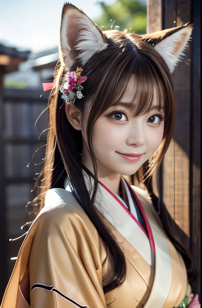 masterpiece, Highest quality, Ultra high definition, Very detailed, One girl, alone, (:3:0.9), Animal earsの毛, fluffy, Animal ears, Orange Hair, fluffyの髪, blush, Brown eyes, flower, Fox Ears, Fox Girl, Slope, Slope background, hair flower, hair ornaments, kimono, kimono, View your viewers, Shrine maiden, smile, alone, 白いkimono, Beautiful lighting